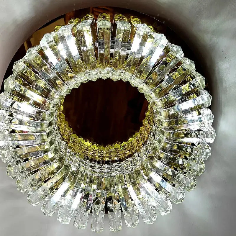 Luxury gold crystal glass round ceiling chandelier with clear faceted prisms in a radial pattern for living room decorbites crystal glass