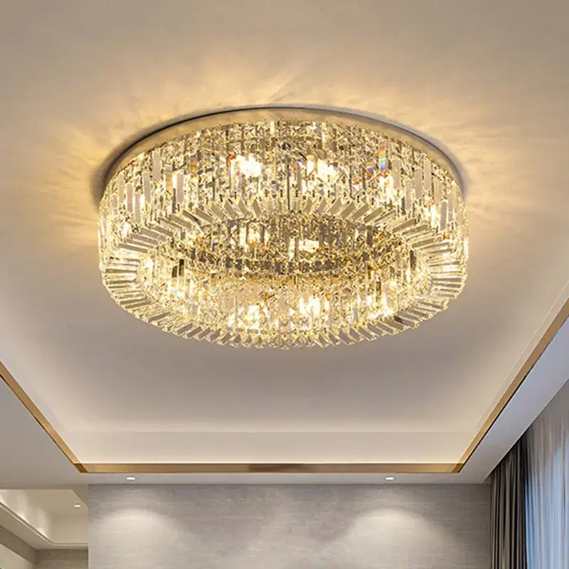Luxury gold crystal glass round ceiling chandelier with polished metal frame and rectangular prisms for living room decorbites crystal glass