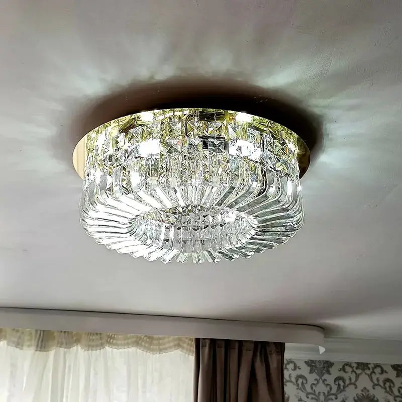 Luxury gold crystal glass round ceiling chandelier with faceted glass elements for living room decorbites crystal glass