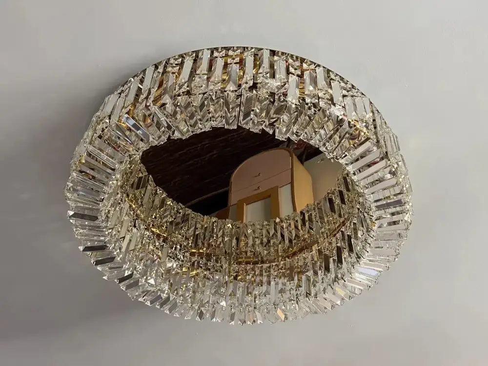 Luxury gold crystal glass round ceiling chandelier featuring clear crystal glass round prisms for living room decorbites decor