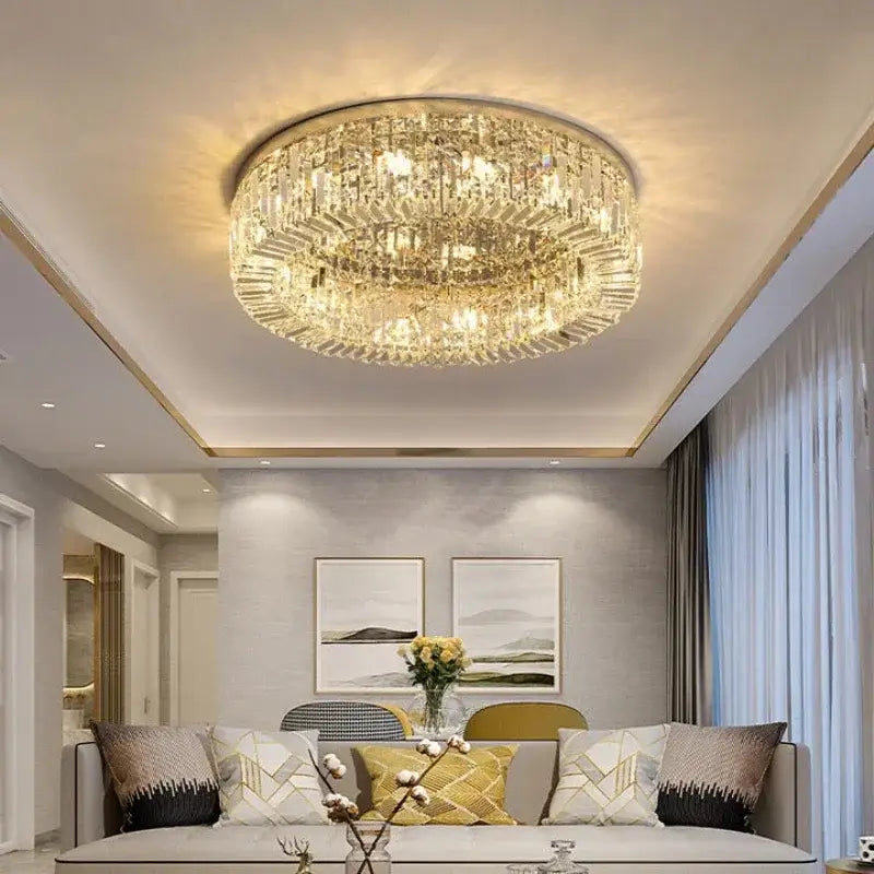 Luxury gold ceiling light featuring decorbites crystal glass round faceted elements for elegant living room decor