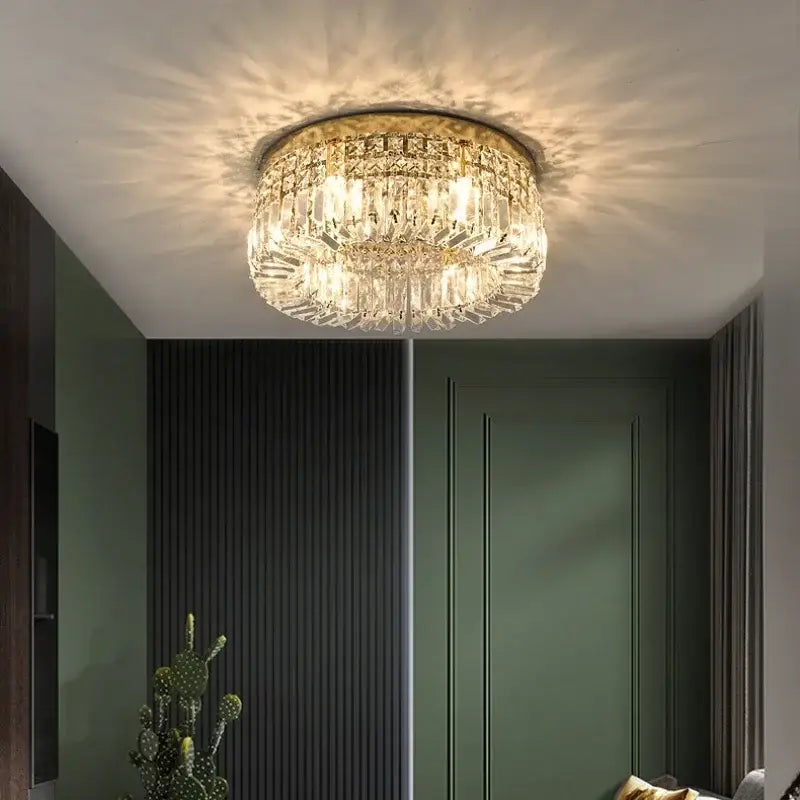 Luxury gold crystal glass round ceiling light with a gold-toned frame and cascading prisms for living room decorbites ceiling light