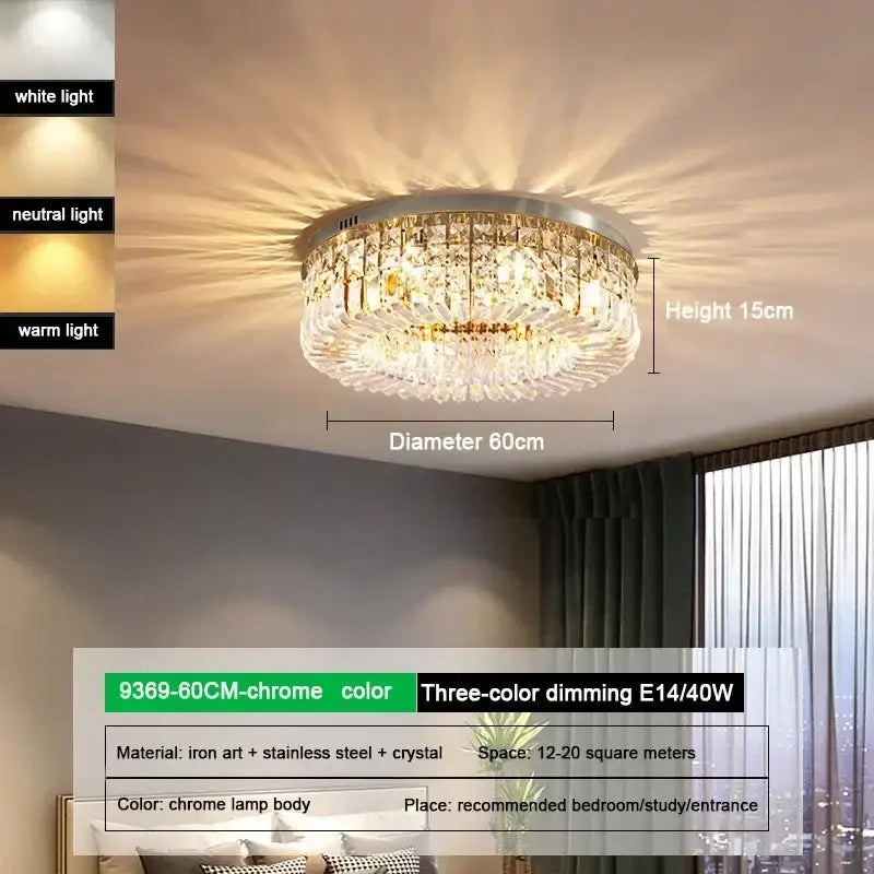 Luxury gold crystal glass round ceiling light with chrome finish and three-color dimming by decorbites crystal glass