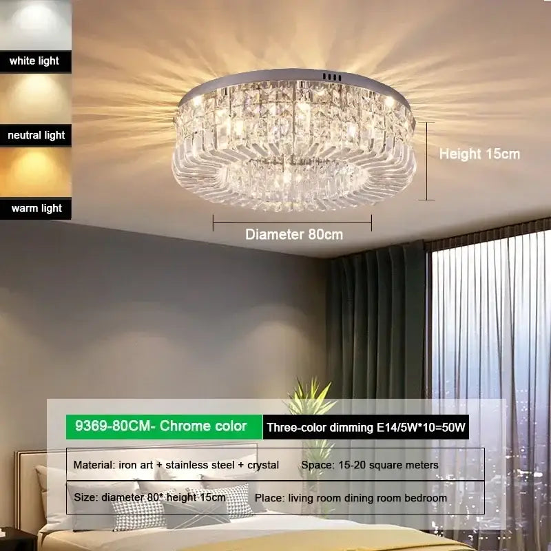 Luxury gold decorbites crystal glass round ceiling light with chrome-finished tiers and integrated led lighting for living room