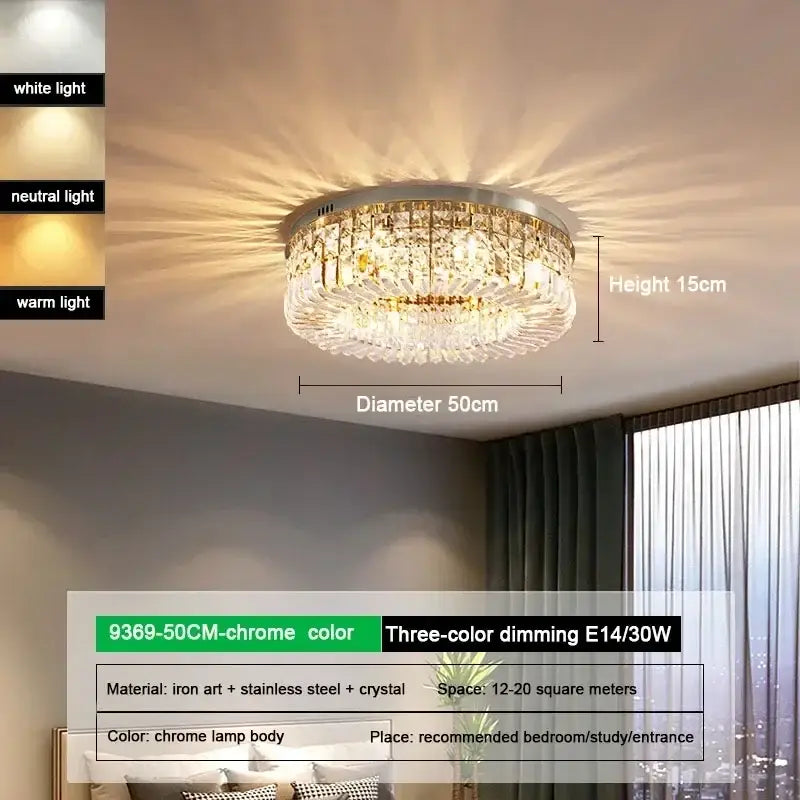 Luxury gold crystal glass round ceiling light with chrome finish and cascading crystal droplets for elegant decorbites ceiling light