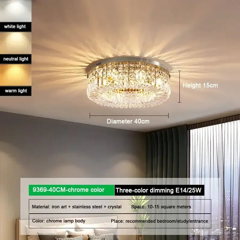 Luxury gold decorbites crystal glass round ceiling light with chrome finish and three-color dimming for living room decor