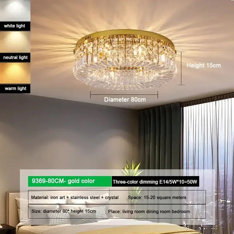Luxury gold crystal glass round ceiling light featuring clear decorbites crystal glass and stainless steel accents for living room decor