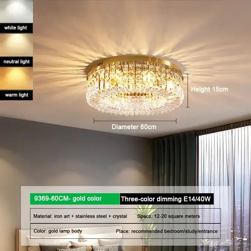 Luxury gold crystal glass round ceiling light with iron art and stainless steel for elegant living room decorbites crystal glass