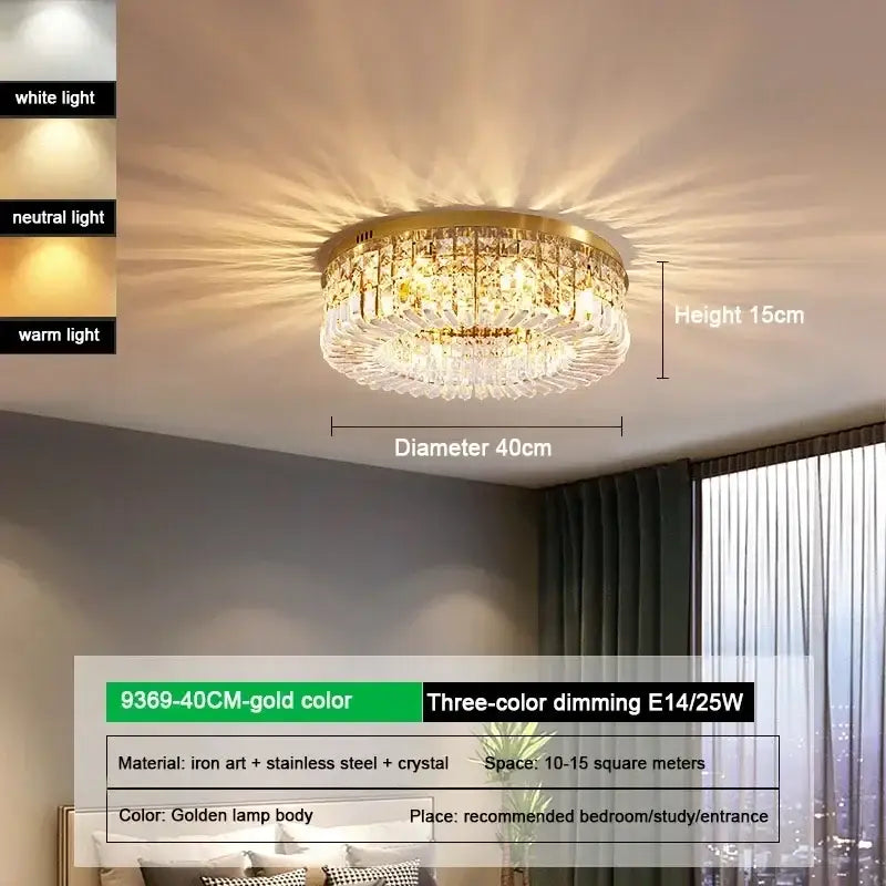 Luxury gold crystal glass round ceiling light with iron art and stainless steel for living room decorbites crystal glass design