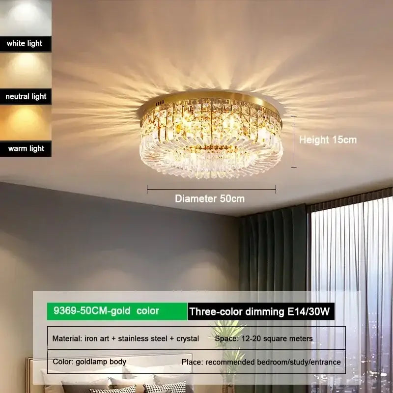 Luxury gold ceiling light featuring decorbites crystal glass round design with iron art and stainless steel frame for living room