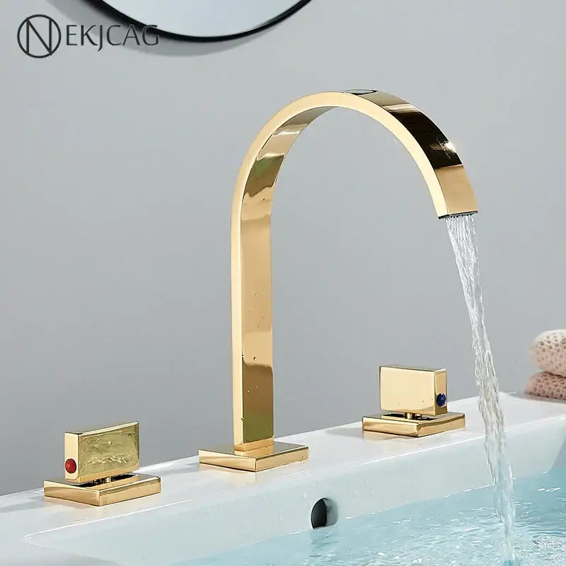 Luxury gold crystal handle basin faucet with decorbites crystal handle arched mixer and waterfall spout design