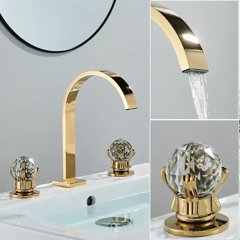 Luxury gold crystal handle basin faucet with a sleek curved spout and three decorbites crystal handle gold knobs