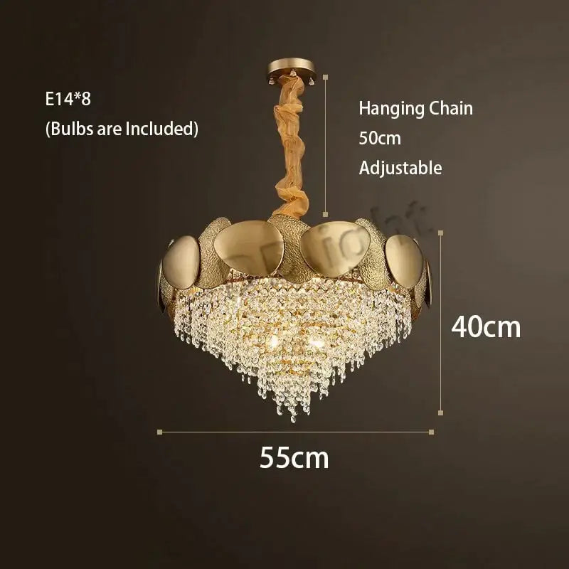 Gold-toned DecorBites™ Lizzie led ceiling chandelier with eight e14 bulbs and crystal tassels in ornate metallic frame