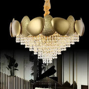 Gold-toned DecorBites™ Lizzie ceiling chandelier with textured metallic orbs and cascading crystal droplets LED ceiling chandelier