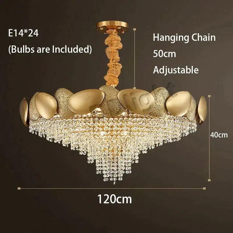 Gold-toned led ceiling chandelier with decorative textured shell-like frame and cascading crystal droplets by decorbites