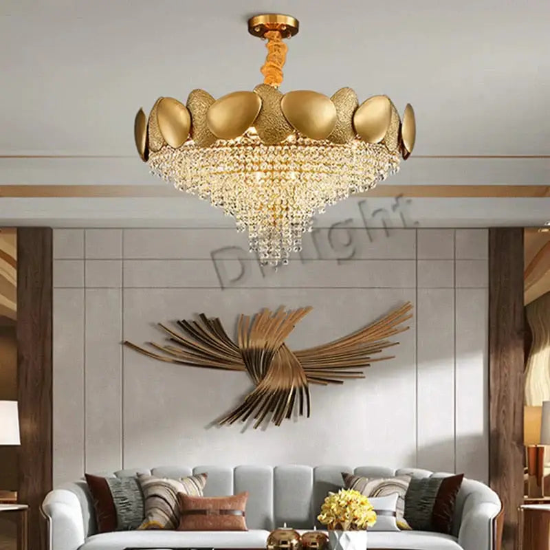 Gold-toned decorbites lizzie led ceiling chandelier with tiered metallic petals and cascading crystal droplets