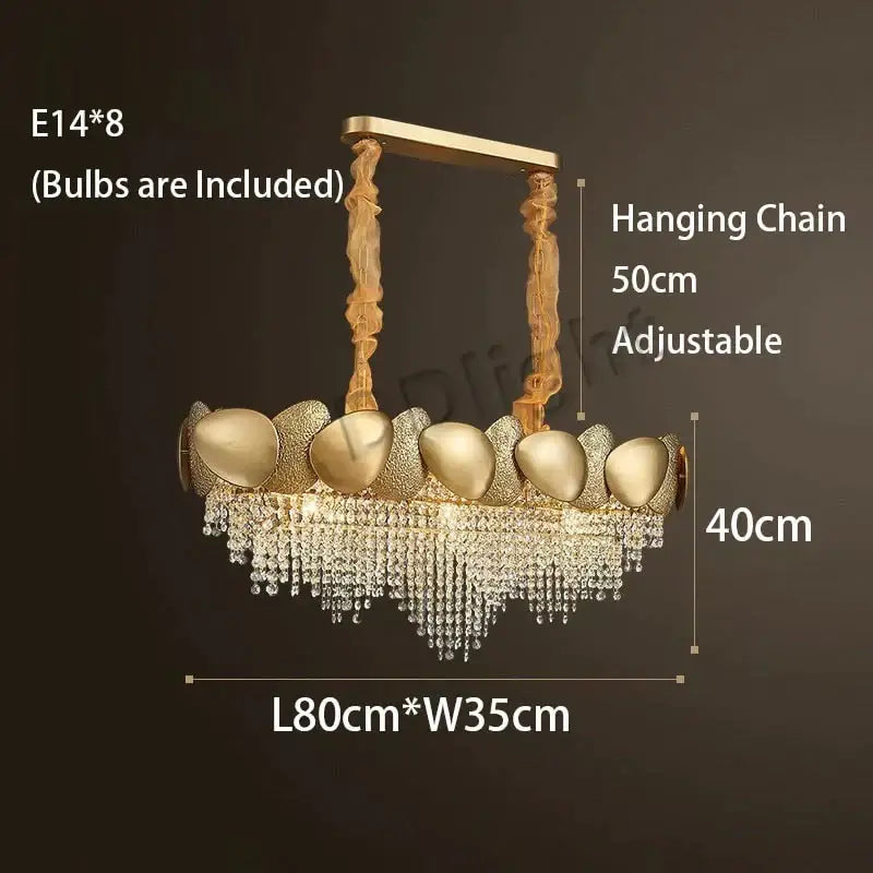 DecorBites™ Lizzie gold-toned led ceiling chandelier with eight egg-shaped fixtures and cascading crystal droplets