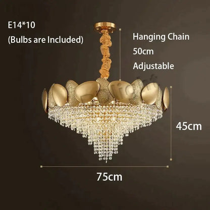 Gold-toned decorbites lizzie led ceiling chandelier with textured shell-like frame and cascading crystal luxury tassels