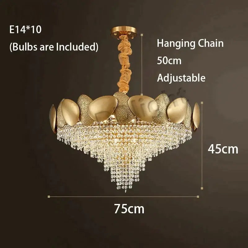 Gold-toned decorbites lizzie led ceiling chandelier with textured shell-like frame and cascading crystal luxury tassels