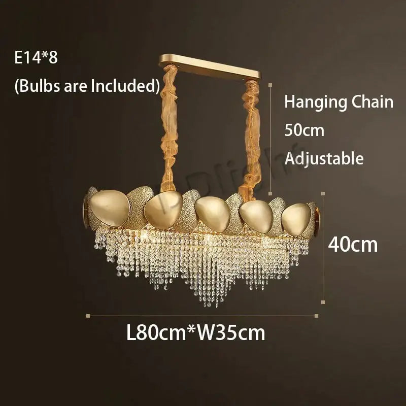 Decorbites lizzie gold-toned led ceiling chandelier with eight textured shell fixtures and cascading crystal luxury tassels