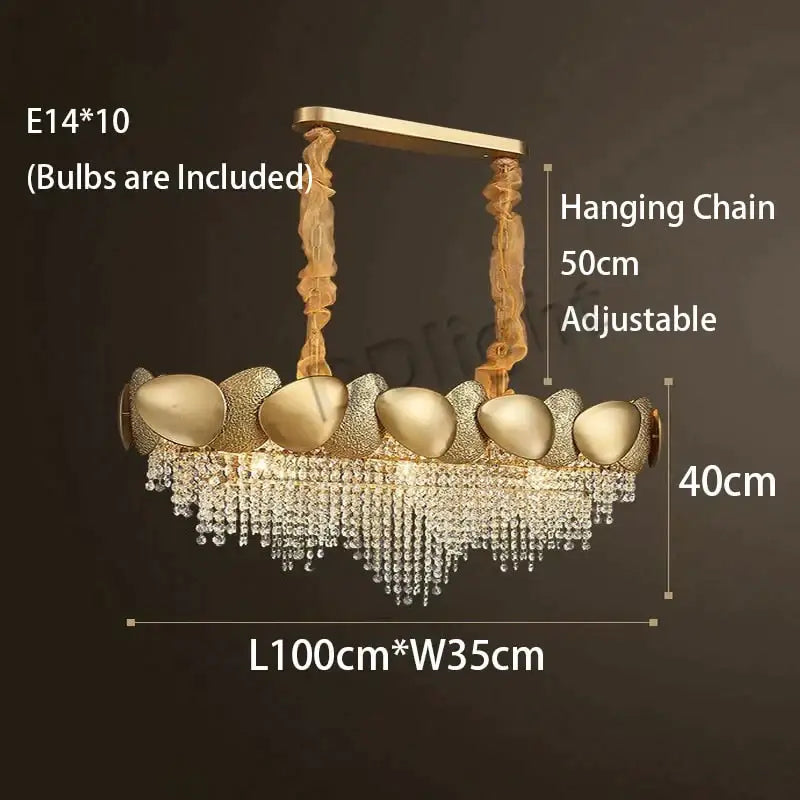 Gold-toned led ceiling chandelier by DecorBites with oval metallic fixtures and cascading crystal droplets for luxury decor