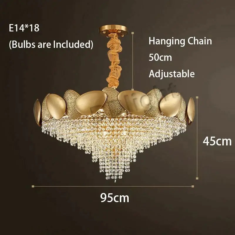 Decorbites lizzie gold-toned led ceiling chandelier with tiered metallic leaf accents and cascading crystal droplets