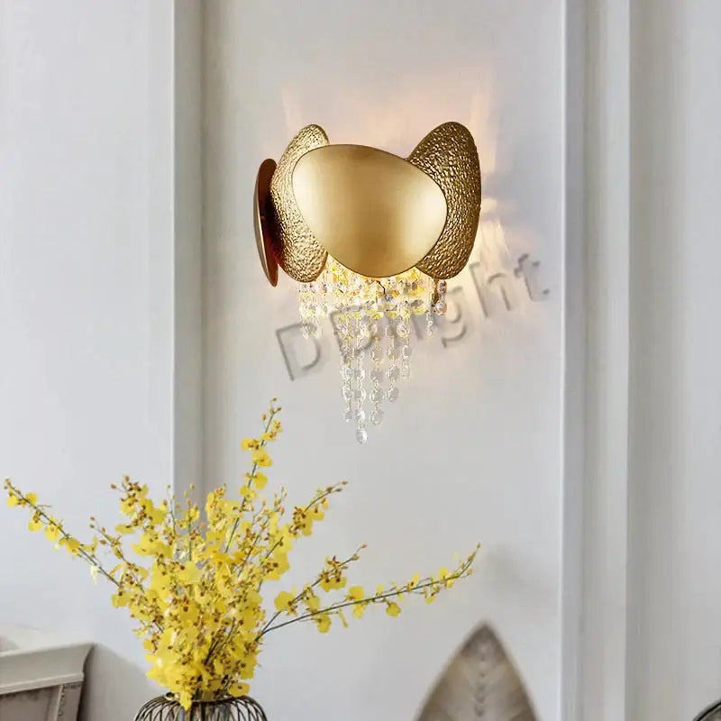 Gold-toned wall sconce with textured egg-shaped metal arms and crystal beads from DecorBites™ led ceiling chandelier