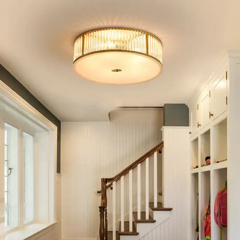 Luxury gold crystal led ceiling lamp with vertical crystal rods and warm glow for living room decorbites crystal led
