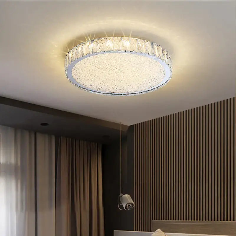 Luxury gold crystal led ceiling lamp with circular chrome frame frosted glass center and sparkling crystal rim decorbites ceiling lamp