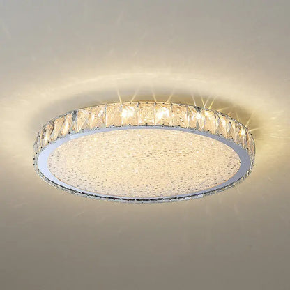 Luxury gold crystal led ceiling lamp with chrome frame, crystal accents, and frosted glass for warm living room lighting