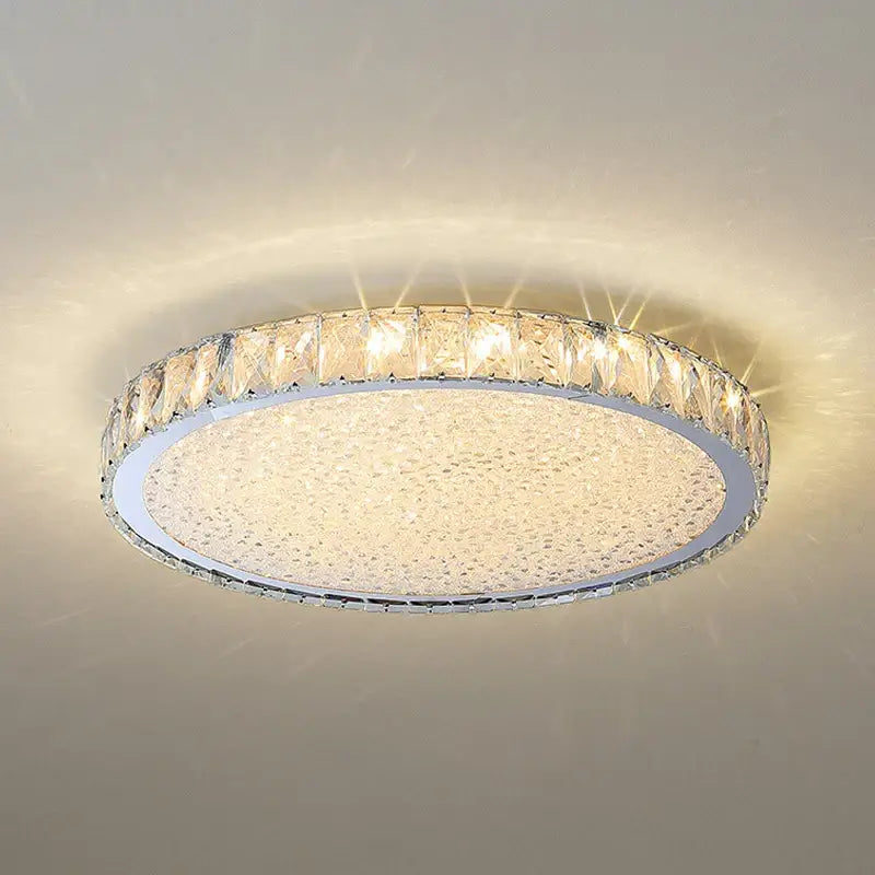 Luxury gold crystal led ceiling lamp with chrome frame, crystal accents, and frosted glass for warm living room lighting