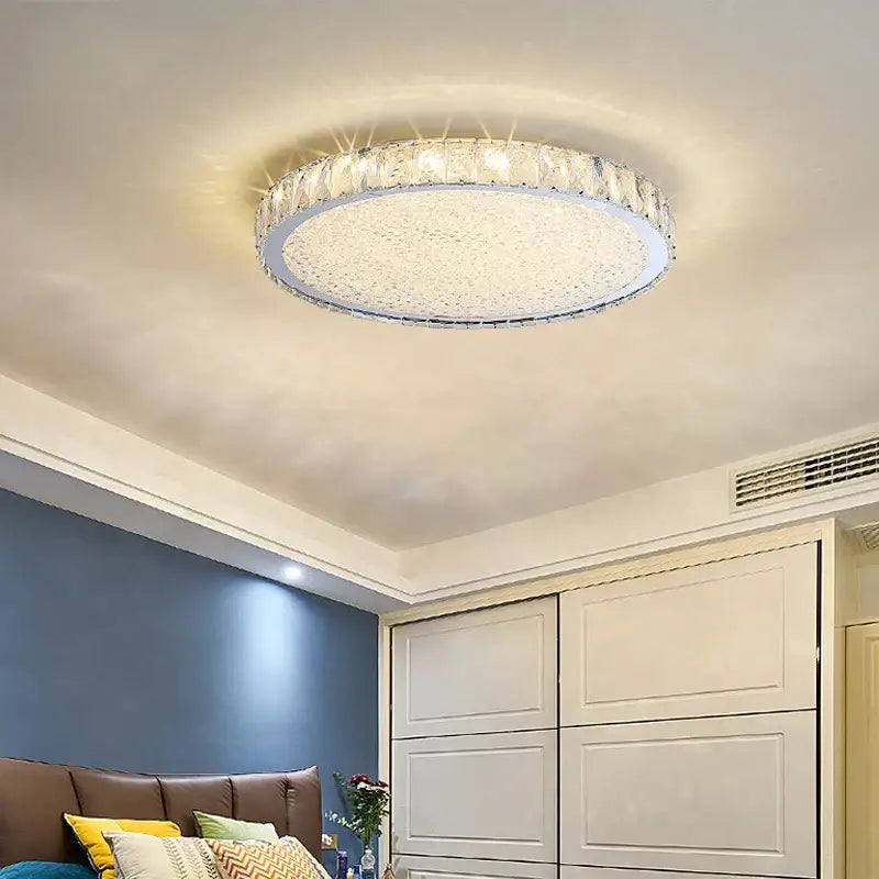 Luxury gold crystal led ceiling lamp with sparkling crystal rim and textured illuminated center for living room decorbites crystal led
