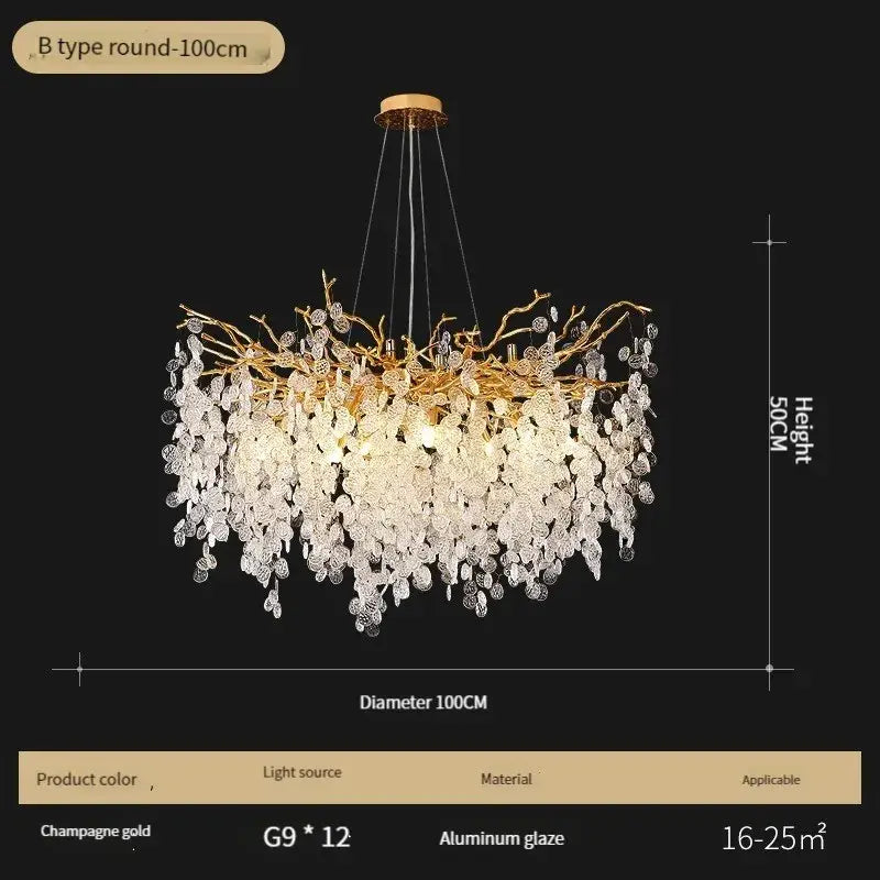 Luxury gold crystal led chandelier with branch-like aluminum glaze frame and clear crystal droplets decorbites crystal led