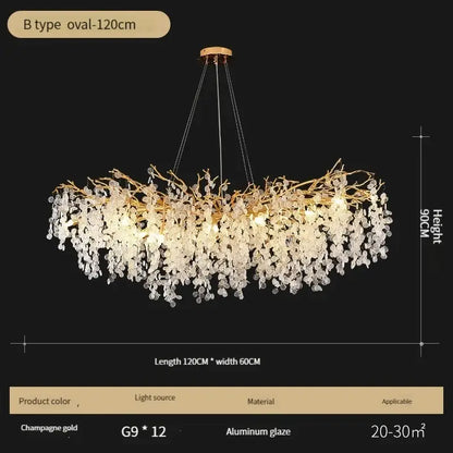Luxury gold crystal led chandelier with champagne gold oval frame, aluminum glaze branches, and dangling crystal leaves for dining room decorbites crystal led