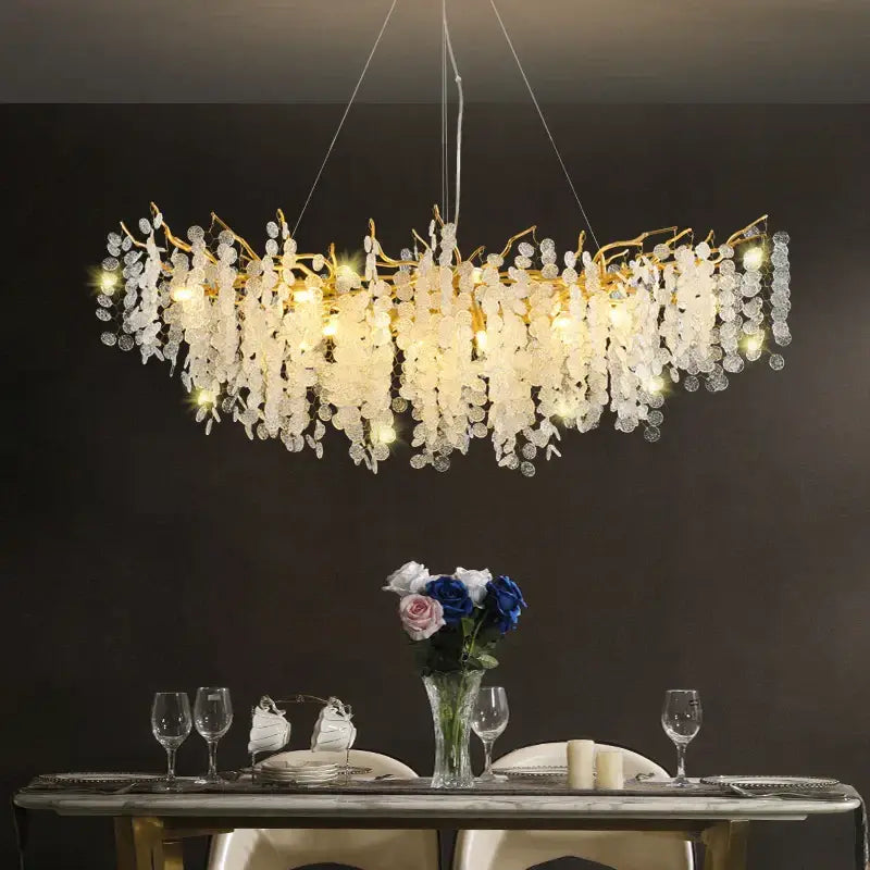 Elegant gold crystal led chandelier with cascading clear crystal droplets and warm LED lights for dining room decorbites crystal led