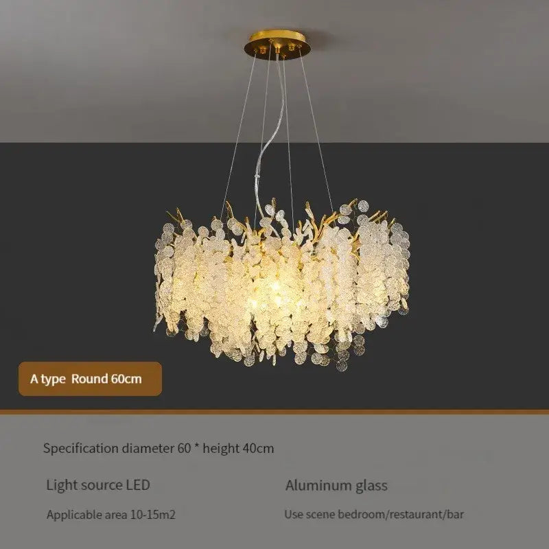 Luxury gold crystal led chandelier with clear glass leaf elements and warm light for dining room decorbites crystal led