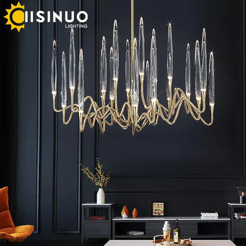 Luxury gold crystal led chandelier with clear glass arms and intricate twisted metalwork for villa living room decorbites crystal led