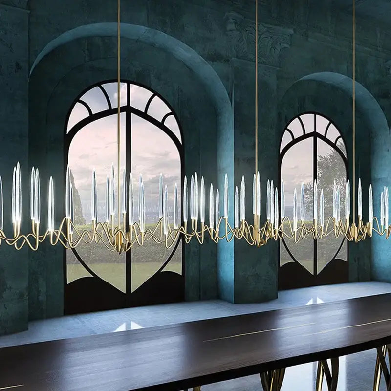 Luxury gold crystal led chandelier with sculptural frame and clear glass candle elements for villa decorbites crystal led design