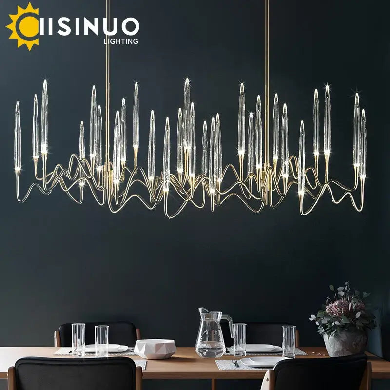 Modern gold-toned decorbites crystal led chandelier with clear glass candle elements and wavy villa living room design