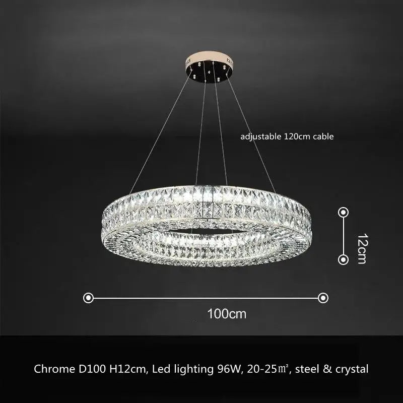 Chrome-finished luxury gold crystal led pendant light with double-ring design and decorbites crystal led accents for dining room decor