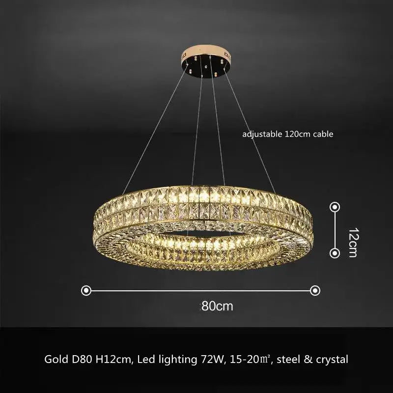 Luxury gold crystal led pendant light with two concentric faceted crystal rings suspended by 120cm cable