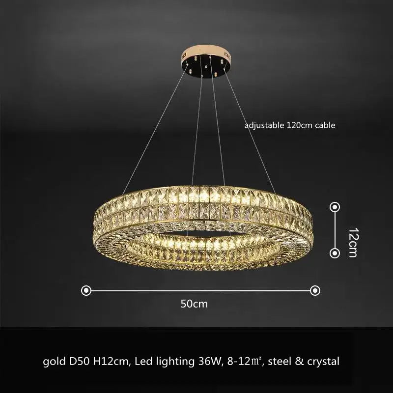 Luxury gold crystal led pendant light with two concentric faceted crystal rings suspended by 120cm adjustable cable