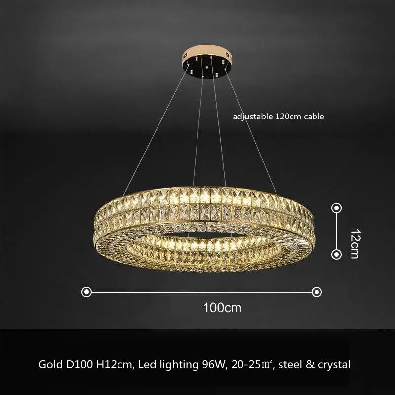 Luxury gold crystal led pendant light with two concentric crystal rings suspended by adjustable 120cm cable