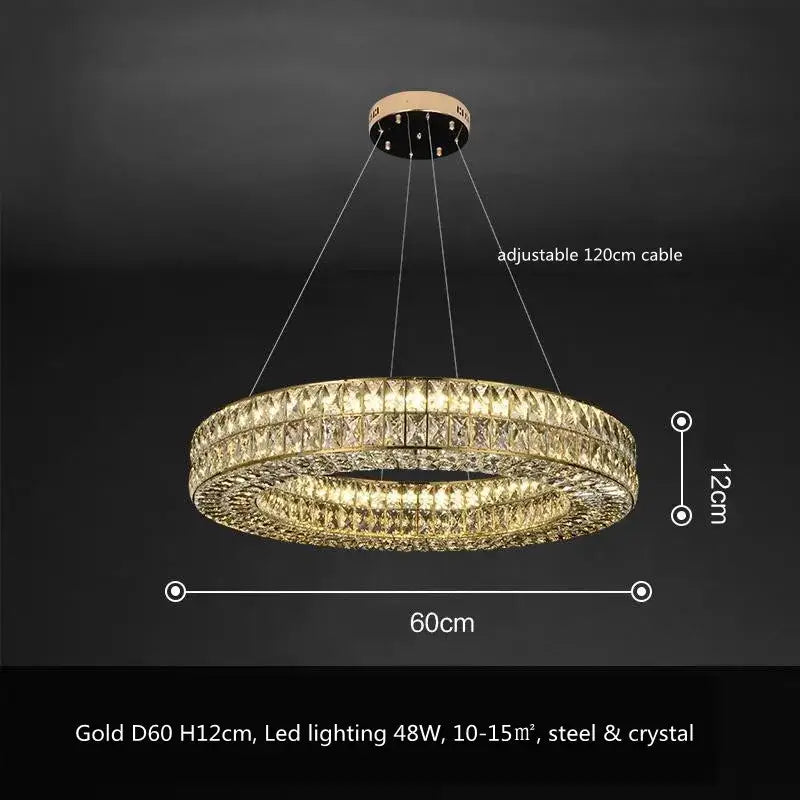 Luxury gold crystal led pendant light featuring two concentric rings of faceted crystals in a steel frame for dining room decorbites crystal led pendant