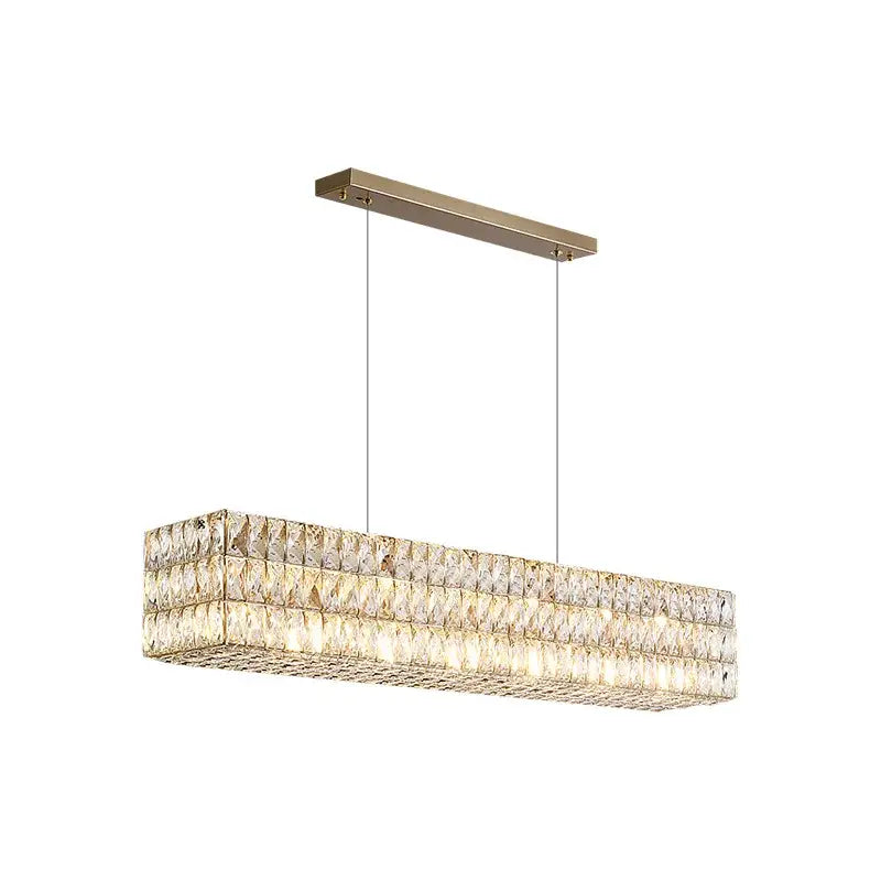 A modern luxury gold crystal led pendant light with a rectangular frame and clear prisms for dining room decorbites crystal led decor