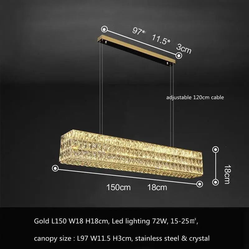 Luxury gold crystal led pendant light with rectangular LED chandelier, stainless steel canopy, and crystal accents for dining room
