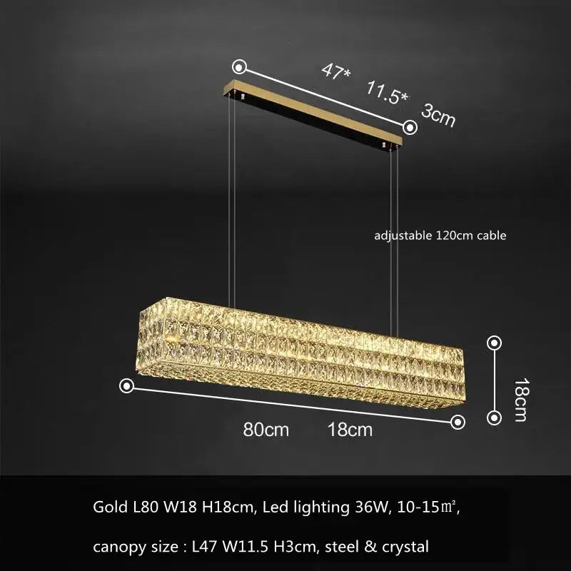 Luxury gold crystal led pendant light with rectangular design and steel canopy for dining room decorbites crystal led