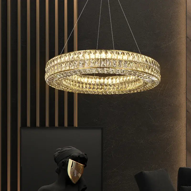 Luxury gold crystal led pendant light with gold-toned double-ring and faceted crystals for dining room decorbites crystal led