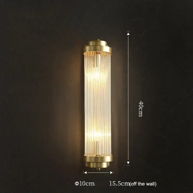 Luxury gold crystal led wall sconce with vertical glass prism rods and sleek modern design for bedroom lighting