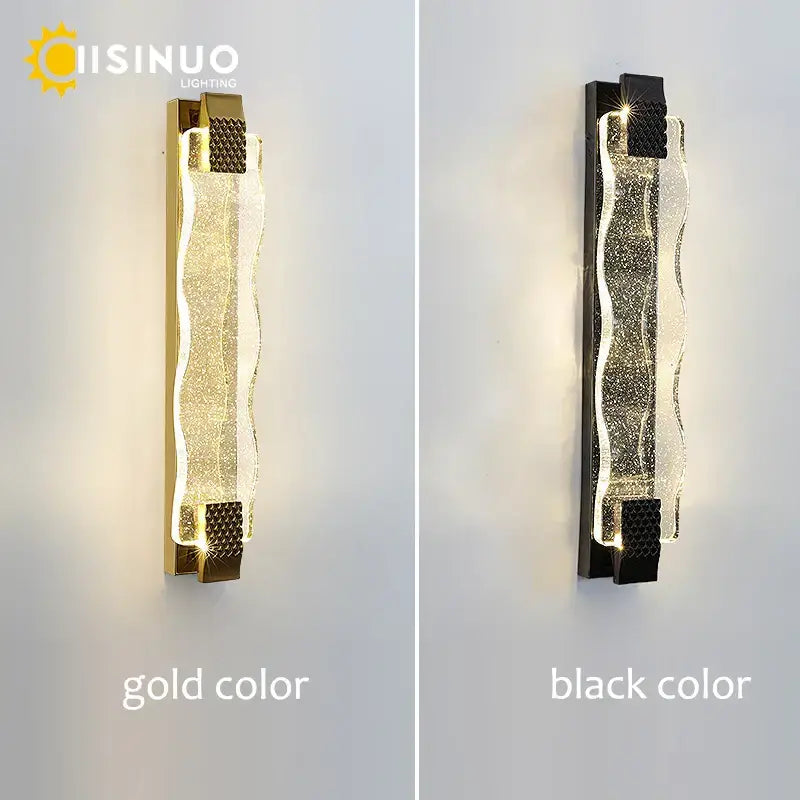 Luxury gold crystal led wall sconce with wavy translucent textured glass and metallic frame for elegant decorbites crystal led wall decor